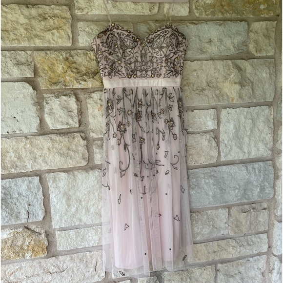Aidan Mattox Pink Blush Embellished Beaded Floral Tea Length Dress - Picture 3 of 17